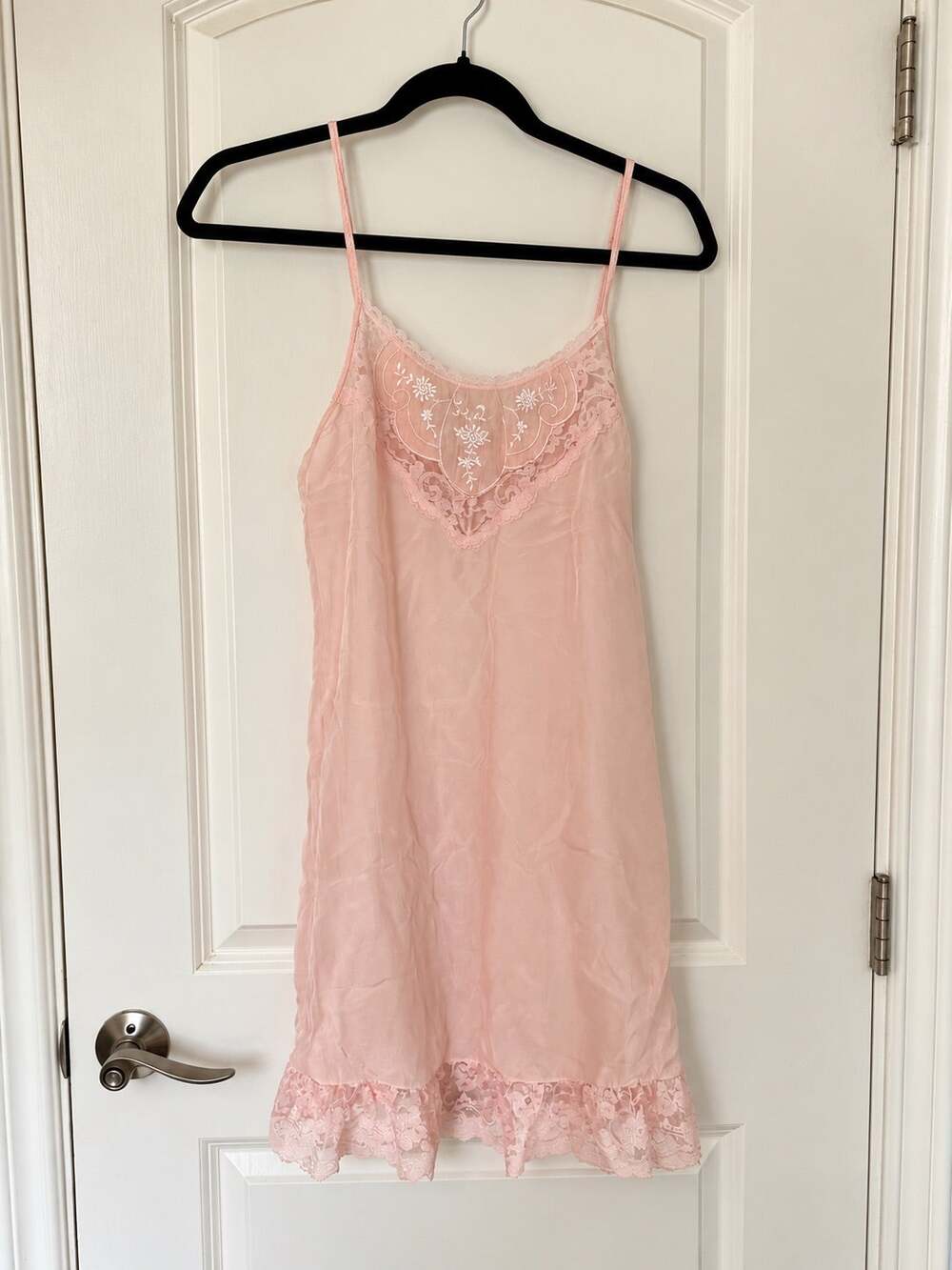Vintage 90s Apostrophe Intimates 100% Silk Pink Lace Slip Dress Medium
